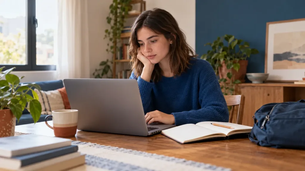Una estudiante consulta su computadora junto a un cuaderno y una mochila en la mesa de su casa.