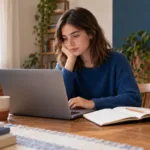 Una estudiante consulta su computadora junto a un cuaderno y una mochila en la mesa de su casa.