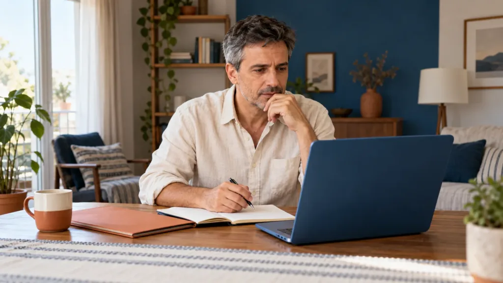 Un hombre consulta su computadora junto a una carpeta y un cuaderno para organizar su búsqueda de capacitación.
