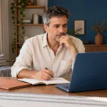 Un hombre consulta su computadora junto a una carpeta y un cuaderno para organizar su búsqueda de capacitación.