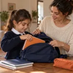Una madre y su hijo organizan una mochila y cuadernos para la escuela.