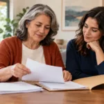 Una mujer revisa una carpeta de papeles con el acompañamiento de un familiar.