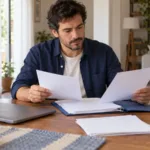 Hombre revisa papeles junto a una computadora portátil cerrada en la mesa de su casa.