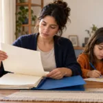 Una madre organiza papeles en una carpeta azul mientras su hija dibuja a su lado en casa.