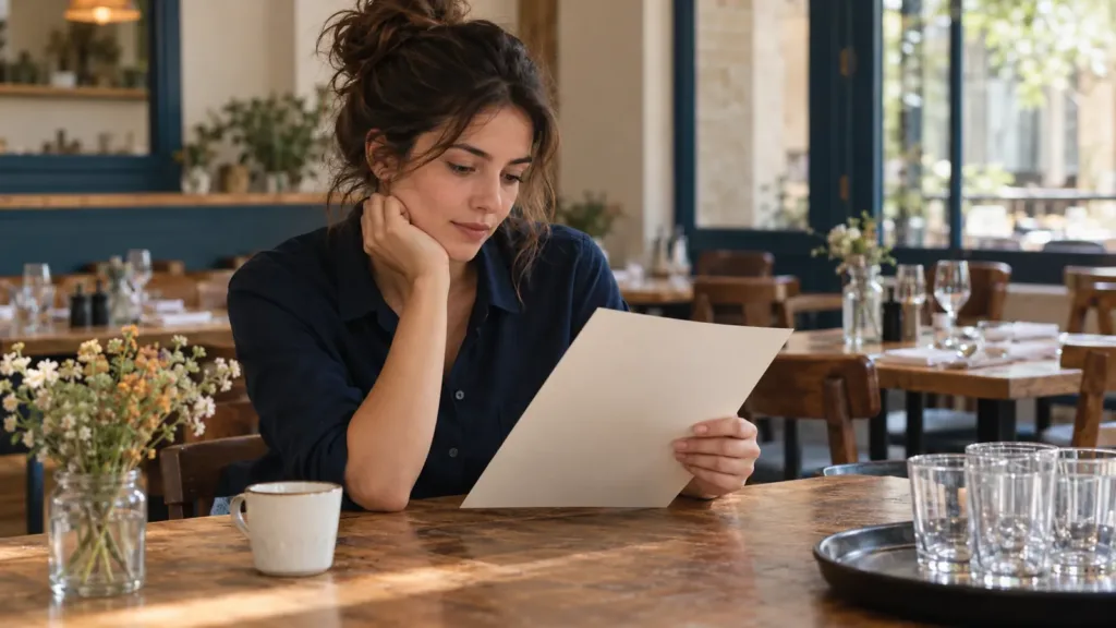 Une employée consulte une feuille pendant une pause dans un restaurant.