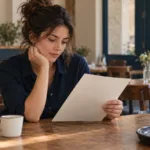 Une employée consulte une feuille pendant une pause dans un restaurant.