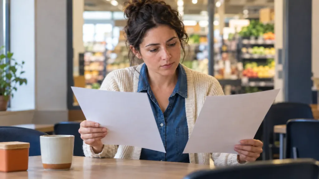 Une employée compare deux documents dans une salle de pause, avec des rayons alimentaires en arrière-plan.