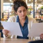 Une employée compare deux documents dans une salle de pause, avec des rayons alimentaires en arrière-plan.