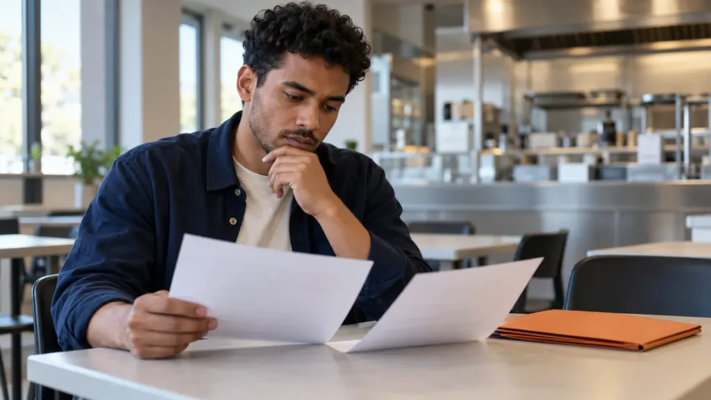 Un homme consulte des documents à une table, près d’un espace de préparation alimentaire.