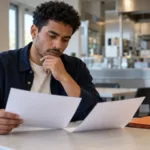 Un homme consulte des documents à une table, près d’un espace de préparation alimentaire.