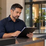 Une personne chargée de la sécurité consulte un dossier à l’entrée d’un bâtiment.