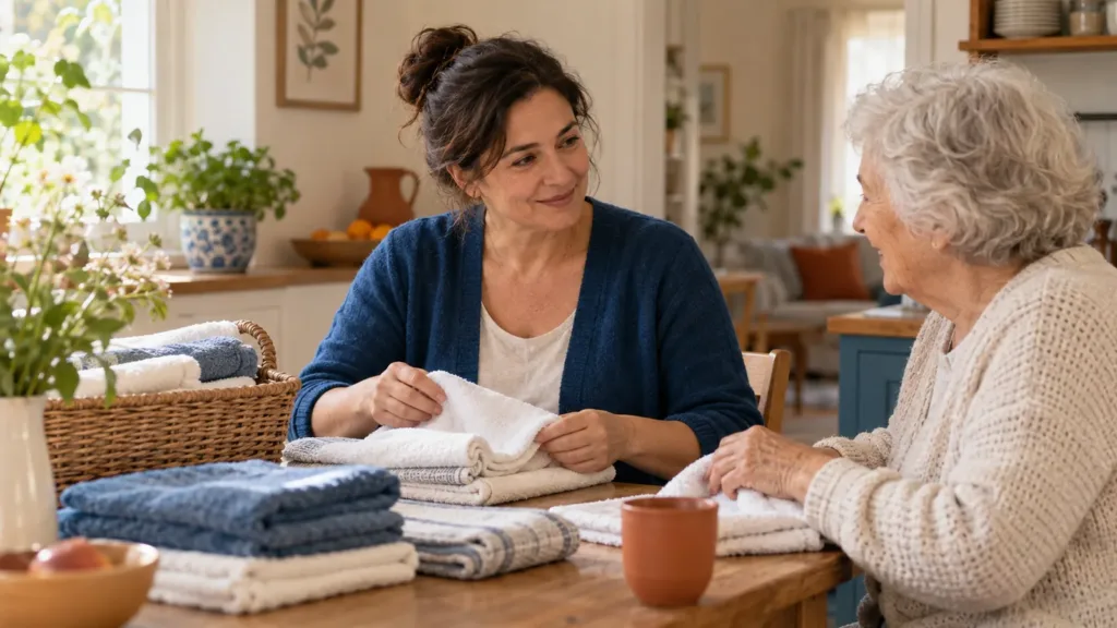 Une aide à domicile plie du linge avec une femme âgée à la table de sa cuisine.
