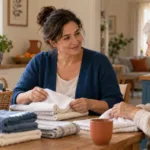 Une aide à domicile plie du linge avec une femme âgée à la table de sa cuisine.