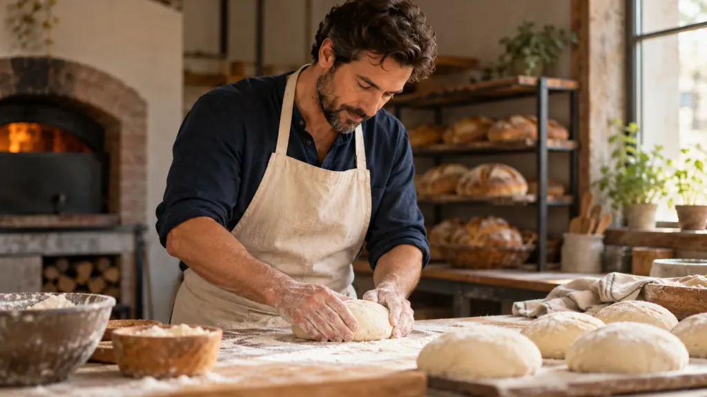 Un boulanger façonne du pain sur un plan de travail légèrement fariné.
