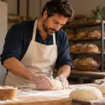Un boulanger façonne du pain sur un plan de travail légèrement fariné.