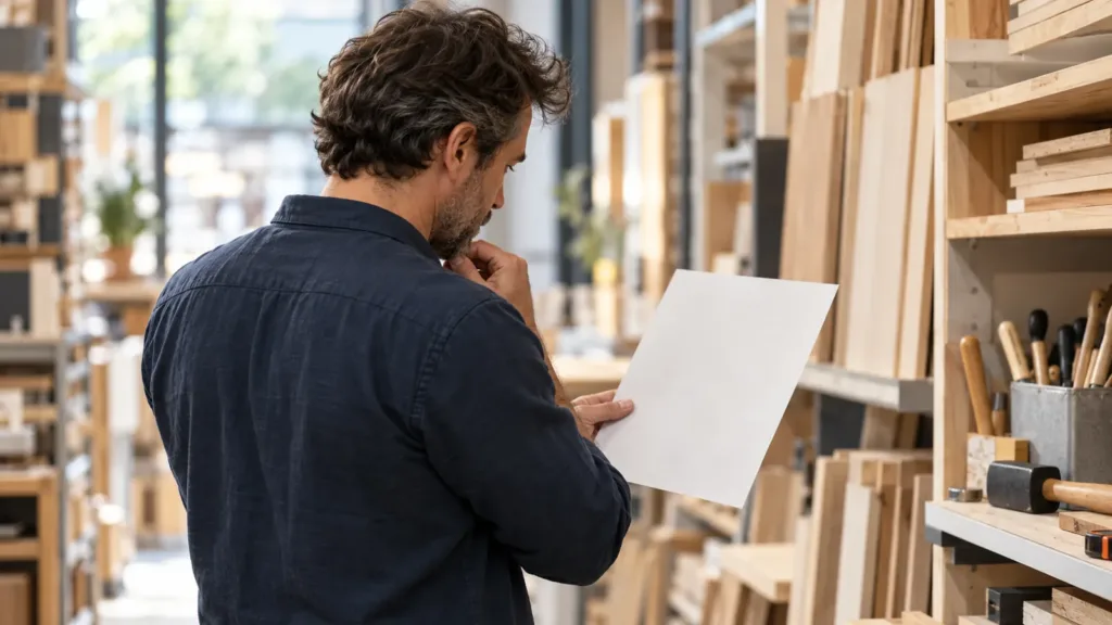 Un employé consulte une feuille près de rayons de bois et d’outils dans un magasin de bricolage.