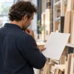 Un employé consulte une feuille près de rayons de bois et d’outils dans un magasin de bricolage.