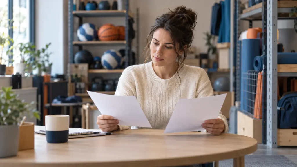 Une employée consulte des documents à une table, avec du matériel de sport en arrière-plan.