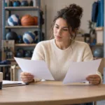 Une employée consulte des documents à une table, avec du matériel de sport en arrière-plan.