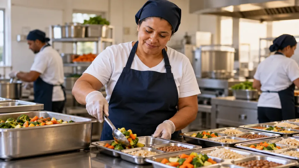 Une personne prépare des portions de légumes dans une cuisine de restauration collective.