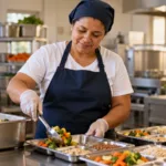 Une personne prépare des portions de légumes dans une cuisine de restauration collective.