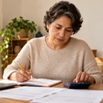 Mujer usa una calculadora y un cuaderno para estimar el pago mensual de un préstamo.