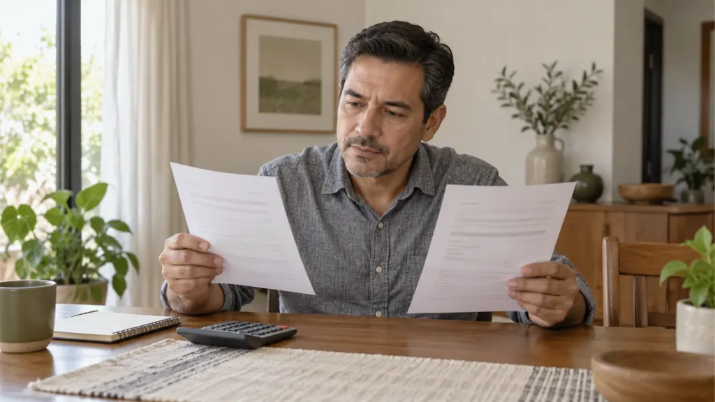 Hombre comparando dos documentos junto a una calculadora en casa.