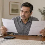 Hombre comparando dos documentos junto a una calculadora en casa.