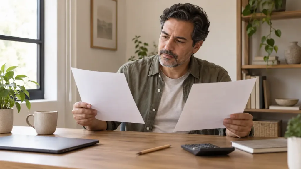 Hombre compara documentos en su escritorio junto a una calculadora.