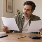 Hombre compara documentos en su escritorio junto a una calculadora.