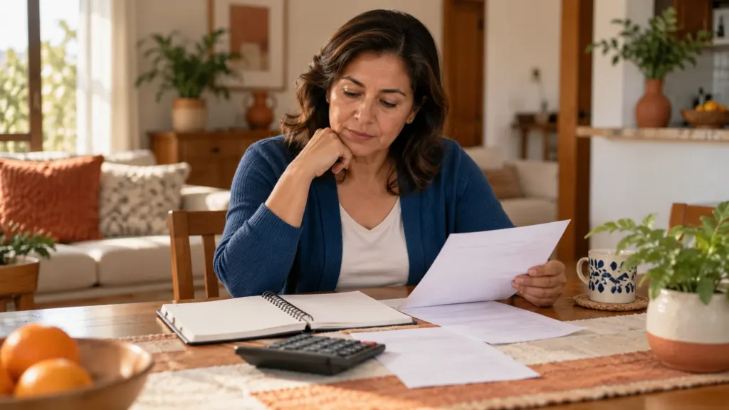 Mujer revisa papeles de su salario junto a una libreta y una calculadora para organizar su presupuesto.