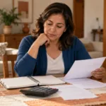 Mujer revisa papeles de su salario junto a una libreta y una calculadora para organizar su presupuesto.