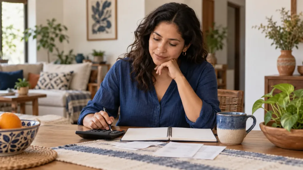 Una mujer revisa su presupuesto con una libreta y una calculadora en casa.