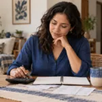 Una mujer revisa su presupuesto con una libreta y una calculadora en casa.