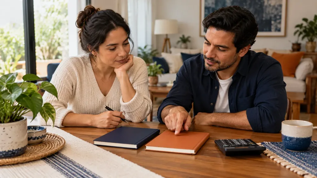 Dos personas comparan sus opciones de financiamiento con libretas y una calculadora.