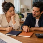 Dos personas comparan sus opciones de financiamiento con libretas y una calculadora.