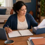 Una mujer organiza hojas y una agenda en su escritorio junto a una caja azul.