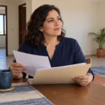 Una mujer revisa una carpeta con documentos en un departamento iluminado.