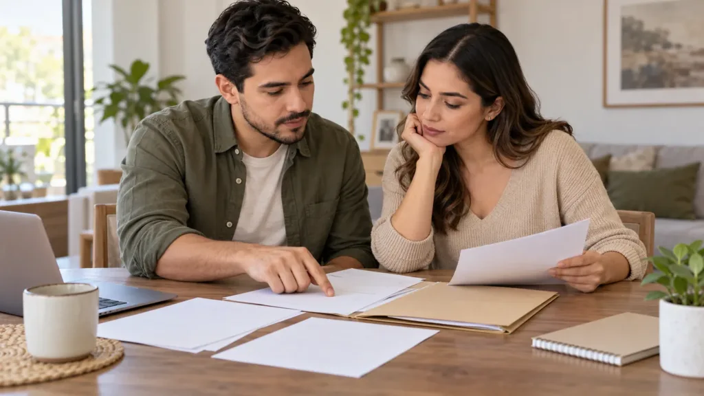 Pareja organizando documentos en una carpeta sobre la mesa de su casa.