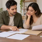 Pareja organizando documentos en una carpeta sobre la mesa de su casa.
