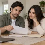 Pareja organiza documentos y una carpeta en la mesa de su cocina.