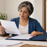 Mujer organiza documentos de su historial crediticio en carpetas sobre una mesa.