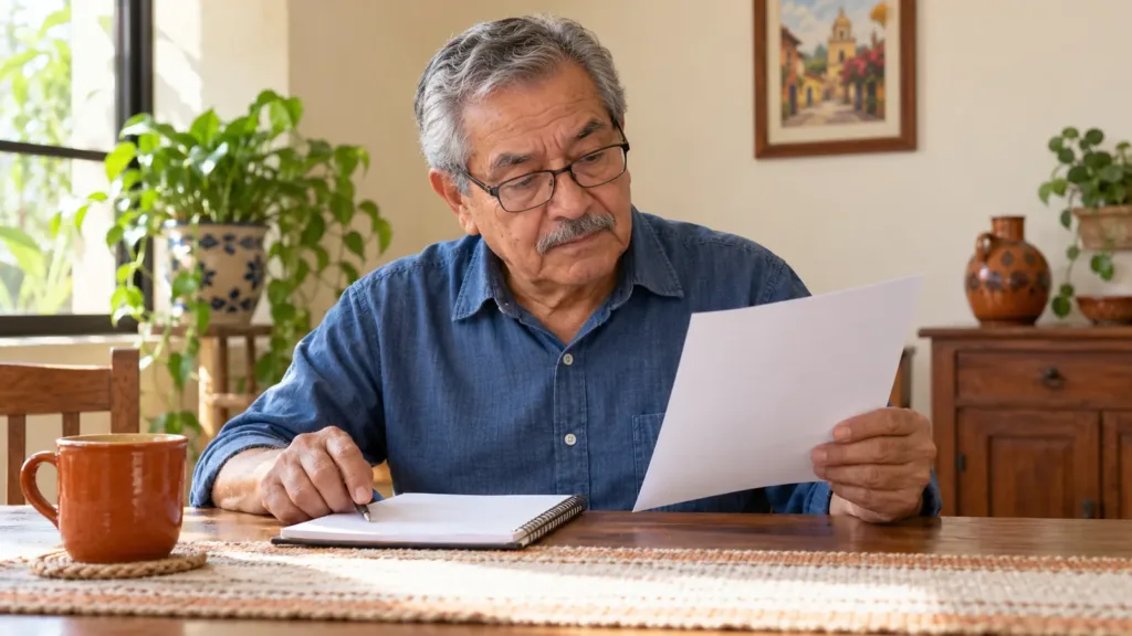 Un hombre mayor revisa papeles y un cuaderno en la mesa de su casa.