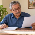 Un hombre mayor revisa papeles y un cuaderno en la mesa de su casa.