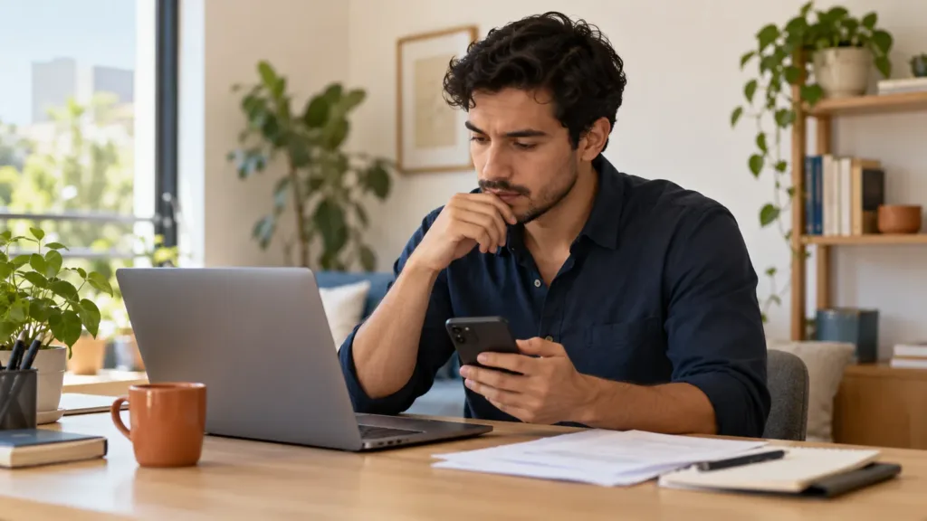 Hombre consulta su celular junto a una computadora antes de solicitar un préstamo en línea.