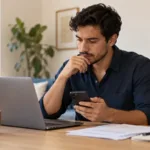 Hombre consulta su celular junto a una computadora antes de solicitar un préstamo en línea.
