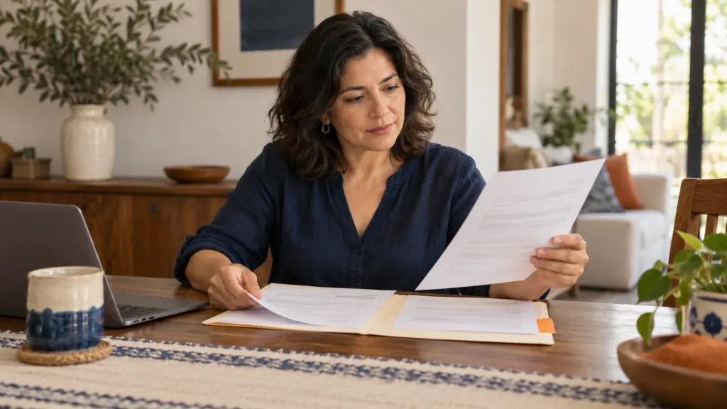 Mujer revisa documentos de un préstamo y organiza sus costos en la mesa de su casa.