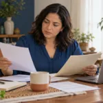 Una mujer revisa hojas y una carpeta junto a su computadora en la mesa de su casa.
