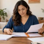 Mujer organiza una carpeta y revisa papeles en casa antes de solicitar un préstamo personal.