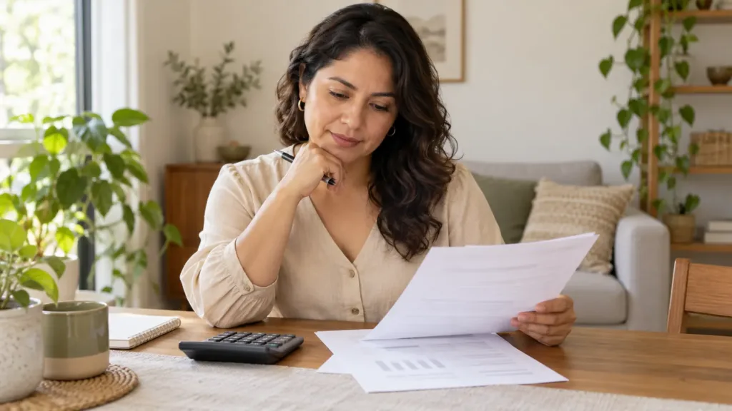 Mujer revisando documentos y una calculadora en la mesa de su casa.